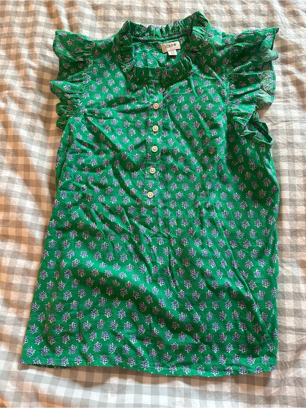 J. Crew Green Floral Ruffle-Sleeve Button Front Blouse